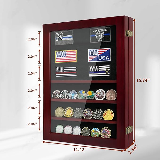 Military Challenge Coin Display Case 6 Rows Wooden Army Coin Holder with HD Tempered Glass Lockable Coin Wall Dsplay Box with Removable Shelves, Red