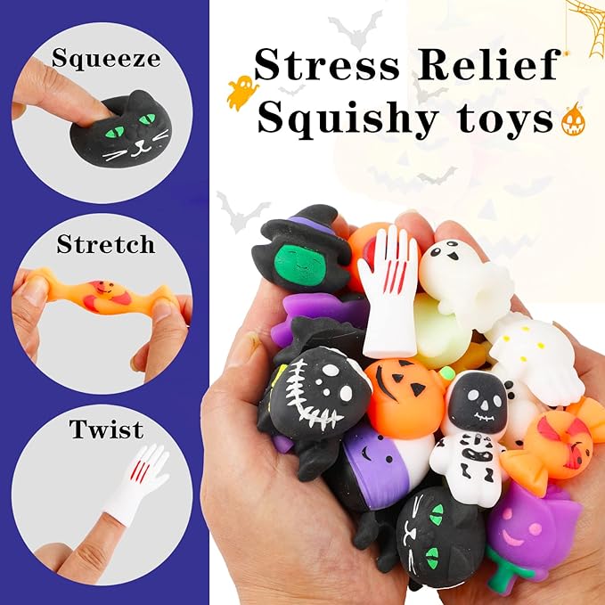 Halloween Mochi Squishy Toys, 24 pcs Squishies Halloween Party Favors for Kids Boys Girls Classroom Prize Halloween Toys Bulk Stress Relief Squishies Gift for Halloween Treat Bags