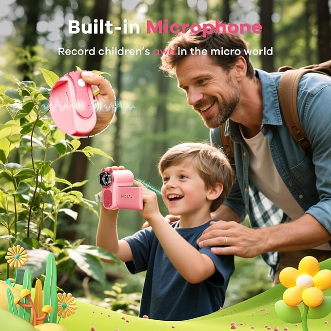 HP60 IPS Microscope for Kids: [Auto On & Off] [3-in-1] 2" Portable Handheld Microscope Miniscope, Pocket Mini Scope Educational Science Kit, Christmas Birthday Gifts for Kids, PC View, Pink