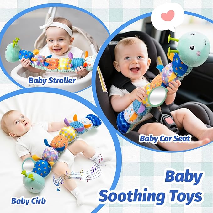 Baby Toys 0-6 Month, Musical Caterpillar Baby Rattle, Plush Sensory Toy with Mirror, Crinkle Textures, Newborn Developmental Tummy Time Stuffed Animal for Infants Boys Girls 6-12 Months (Blue)