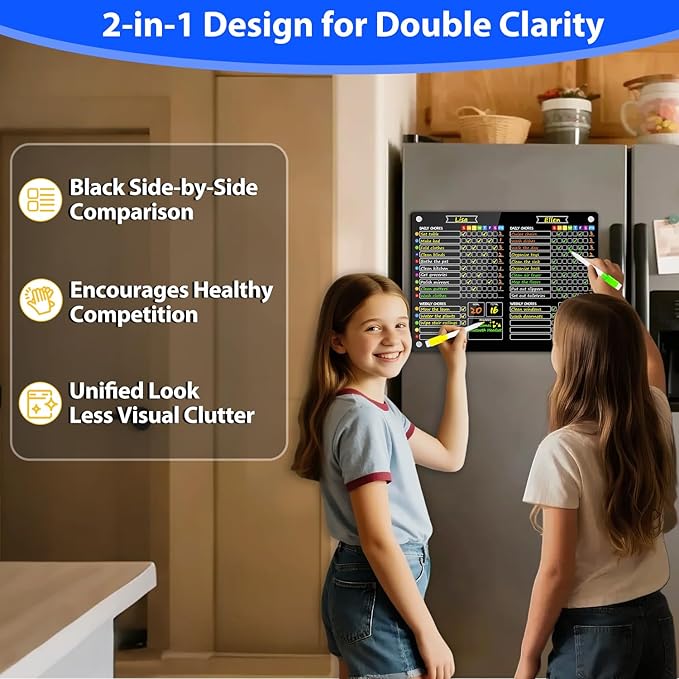PigPotParty 2-in-1 Black Acrylic Magnetic Chore Chart for 2 Kids Couples Roommates, 15"x11" Large Dry Erase Chore Board for White Fridge, Weekly Reward Chart, 12 Markers & 1 Towel Included