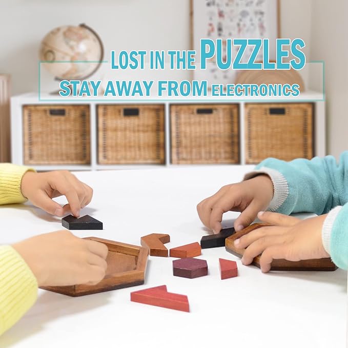 KINGOU Hexagon Tangram Puzzle Wooden Brain Puzzles for Kids & Adult Challenge Wooden Brain Teasers Puzzle Games for Family Party Gift - Brain Games for Kids