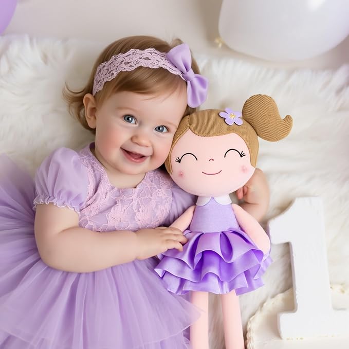 Gloveleya Princess Tutu Doll – 14 Inch Soft Plush Baby Doll for Girls with Purple Dress & Gift Bag, First Baby Doll for Toddler Girls, Birthday Present, Baby Shower & Holiday Keepsake