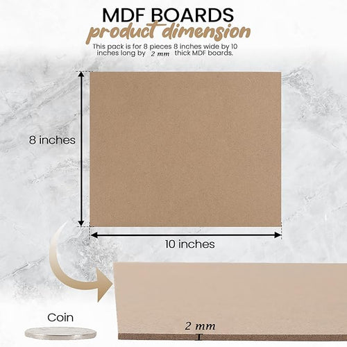 (8-Pack) CalPalmy 8” x 10” MDF Boards - 2mm Thick Boards for Carpentry, Interior Design, Hobby Crafts, and More - with Smooth, Unfinished Sides and Sanded Edges