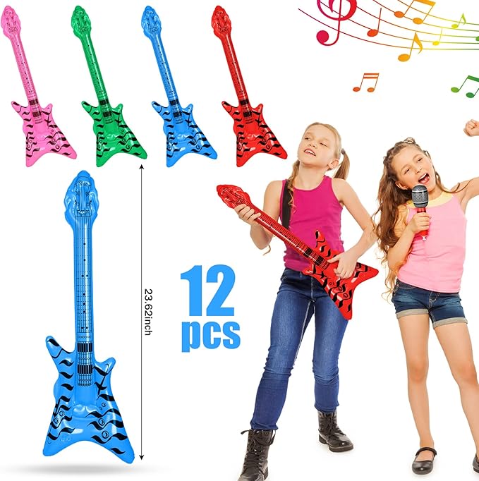 37 Pcs Inflatable Rock Star Instrument Set, 12 Blow up Guitar 36 Inch 12 Inflatable Microphone 12 Bass with a Pump for 80s Themed Party Carnival Birthday Party Decorations