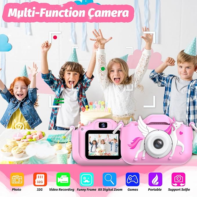 Goopow Kids Selfie Camera Toys for Girls Age 3-9, Digital Video Camera Toy with Protective Cover,Christmas Birthday Festival Gifts for 3-9 Year Old Girls Boys- 32GB SD Card Included