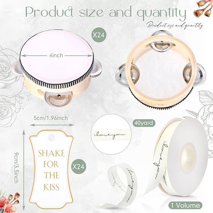 24 Set 4 Inch Tambourine for Adults Wooden Hand Held Drum with Metal Jingles, Gift Tags, White I Love You Printed Ribbon Percussion Gift Musical Instrument for Church Wedding Party Favor