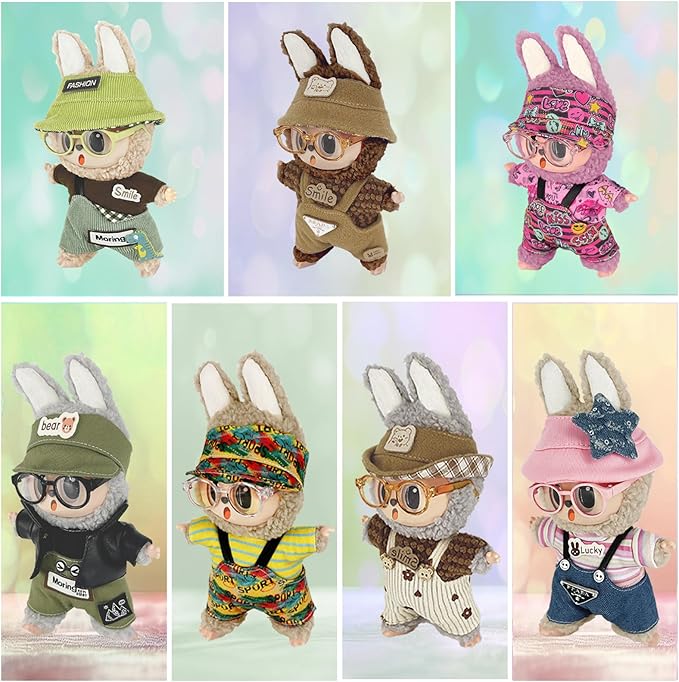 17cm Clothes Set (NO Doll) 4PC Set Hat Glasses Overalls for 17cm Accessories Suit, Doll Clothing for Trendy Blind Box，Cute Clothes for LBB Doll Dress up Unique Style,Free Combination (Love)