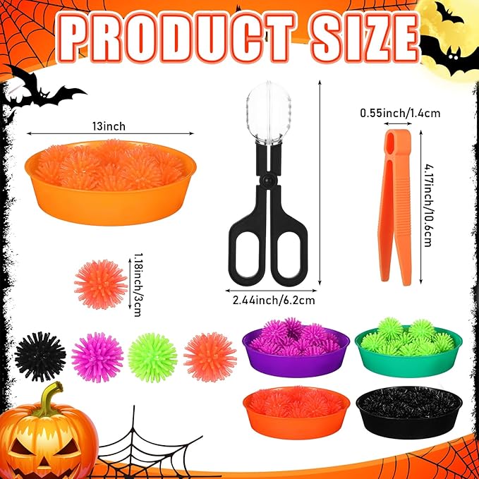 Leitee 71 Pcs Sensory Bin Filler Include 60 Hedge Balls 4 Tweezers 2 Scissors Clips 5 Cups Fine Motor Skills Toys Set for Boys Girls Early Education and Counting Sorting Training(Black,Halloween)