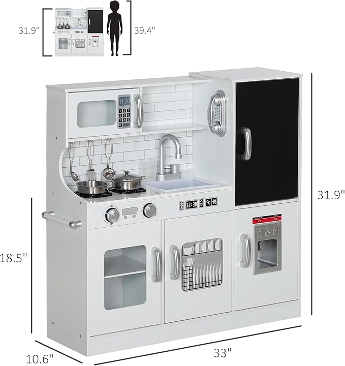 Qaba Kids Kitchen Playset - Pretend Play Toy Kitchen with Phone, Chalkboard, Towel Rack, Ice Maker, 5 Accessories, Storage Space, Microwave & Sink - Gift for 3-8 Years, White
