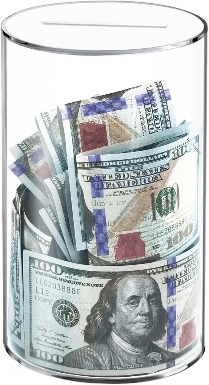 Clear Piggy Bank for Adults/Kids, Acrylic Unopenable Money Box for Cash Coin Saving, Must Break to Open, Money Saving Jar for Adults Boys Girls, Size 8" H x 5" Diameter