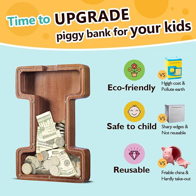 Summidate Customized Name Large Wooden Piggy Bank for Kids Boys Girls Alphabets Letter A-Z Coins Bills Money Change Bank Box Initial on Clear Cover (Laser Engraved) (Alphabet-I, Personalized-12)