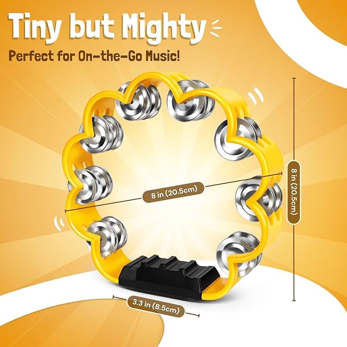 Flexzion Flower Tambourine - 8 Inch Handheld Percussion Instrument w/Metal Jingles & Ergonomic Grip - Small Tambourines for Adults, Kids, Church, Parties, & Musical Events (Yellow)