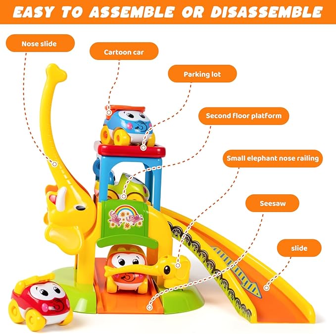 Marstone Toddler Toys for 1 2 Year Old Boys and Girls Gifts: Educational Elephant Slide with 4 Animal Car Toys for Baby 12-18 Months, First for Kids, Learning Push Truck Tracks Age 1-2