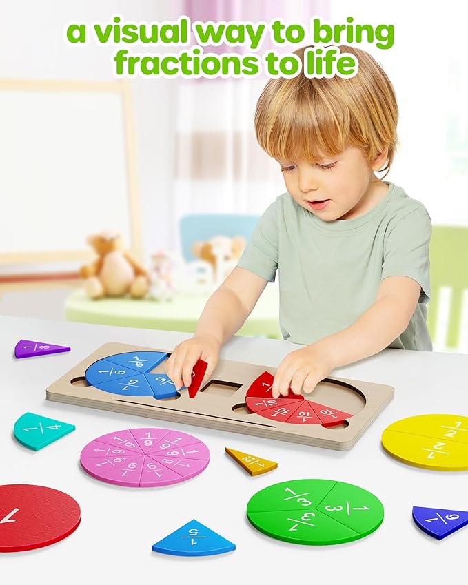 D-FantiX Wooden Fraction Educational Puzzle, Wood Fraction Tiles & Fraction Circles Set, Math Manipulatives for Elementary School, Montessori Fraction Manipulatives Games Learning Toys for Kids