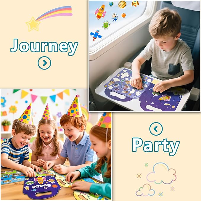 3 Pack Reusable Sticker Books for Kids, Waterproof Puffy Stickers - Match the Shape and DIY Scene, Toddler Travel Essential Quiet Time Activities Toys - Vehicle, Space and Dinosaur (2-6 Age)