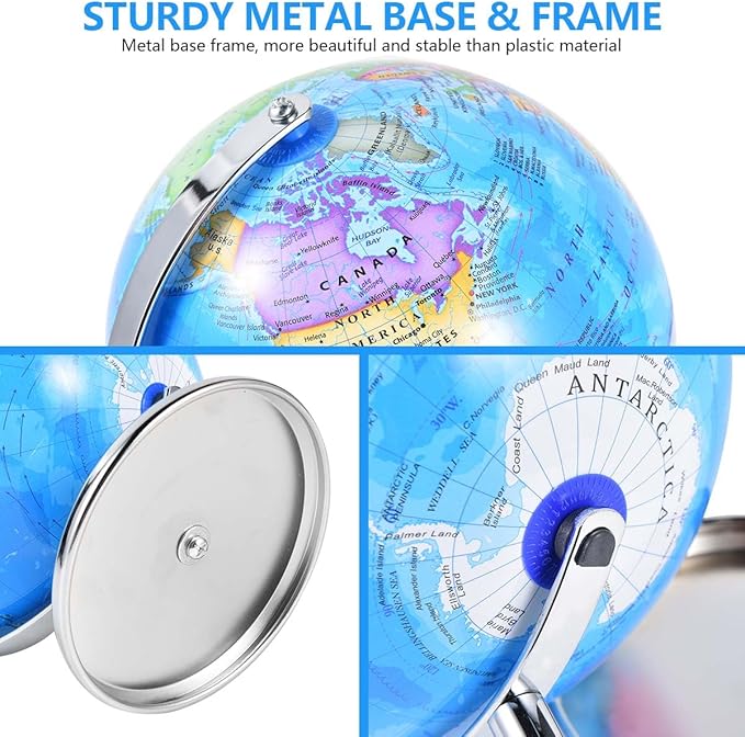 8 Inch World Globe Rotating Earth Spinning Globe with Heavy Metal Stand for Kids Geography Classroom Education or Office Home Decorations