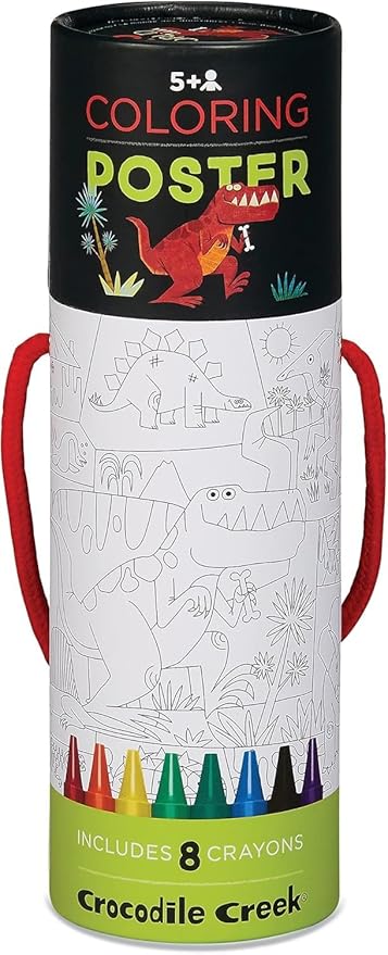Crocodile Creek Coloring Poster and Sticker Set for Kids - Dinosaurs-Themed Coloring Activity with Stickers and Crayons - 18" x 24" Poster, 8 Crayons, 1 Sticker Sheet - Portable 3" x 9" Canister