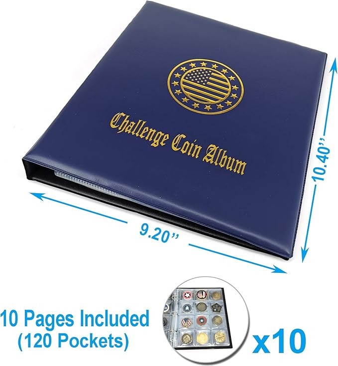 Challenge Coin Album 2.4''x2.4'' Pockets Holds 120 Large Military Coin Medals Display and Storage