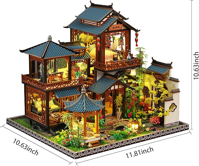 DIY Miniature House Kit: Villa Tiny House Kit with LED Light - DIY Wooden Dollhouse Miniature Kit for Adults Teen, Wooden Crafts Vintage Courtyard Doll House Kit, Great Handmade Crafts Gift