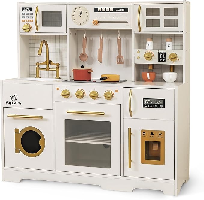 Kids Wooden Play Kitchen Set with Oven, Ice Maker & Coffee Maker - Pretend Cooking Toy Gift for Toddlers 3+ Years
