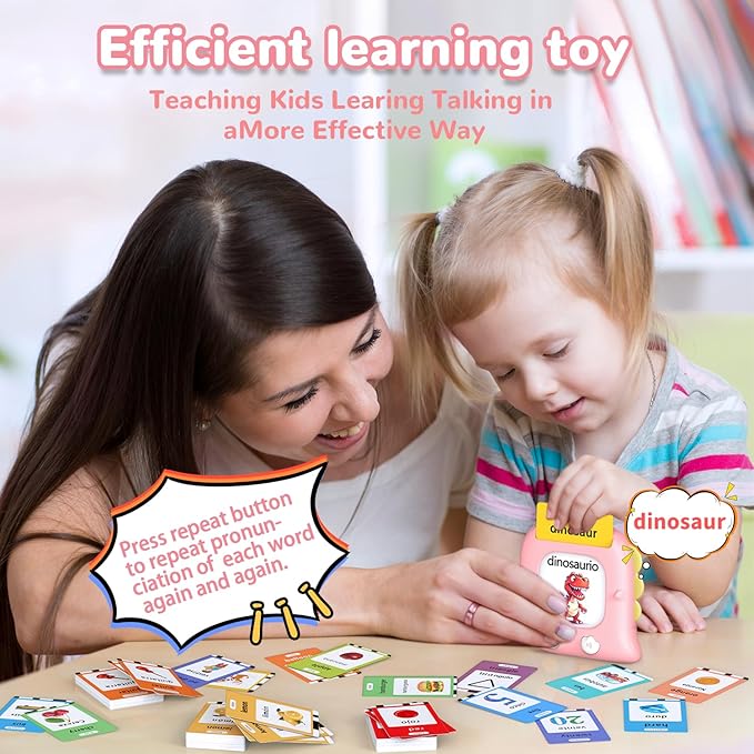 Kidzdo 520 Bilingual Spanish English Talking Flash Cards, Christmas Birthday Gifts for 2 3 4 5 6 Year Old Girls, Language Pocket Speech Therapy Toys, Portable Toddlers Toys for Ages 2-6 Kids, Pink