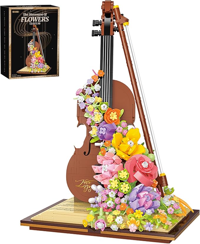 Mini Violin Building Blocks Sets Flower - 950+PCS Musical Instrument Micro Building Bricks Kit Floral - Creative Ideals, Collectible Architecture Decoration, Birthday Gift(Violin Flower)