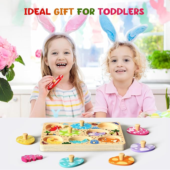 Wooden Puzzles for Toddlers, 8 Pcs Dinosaur Matching Egg Puzzle, Montessori Toys for Boy Girl Easter Birthday Gifts, Preschool Learning Activities & Educational Toys for Boys, Girls
