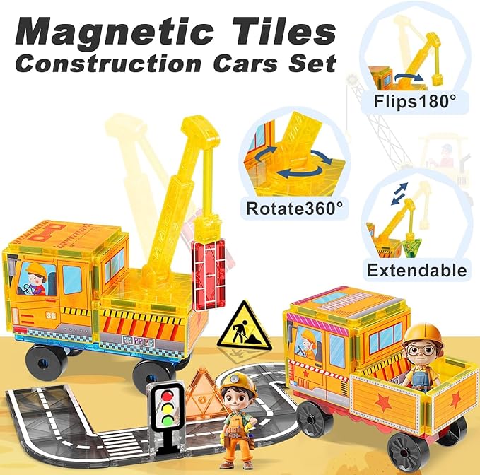 Magnetic Tiles Cars Construction Set - 19 PCS Magnetic Tiles Magnet Bricks Truck Sensory Toys, Educational Magnet Cars Set Building Blocks for 3 4 5 6 7 8+ Year Old Girls Boys Toddler Expansion Set