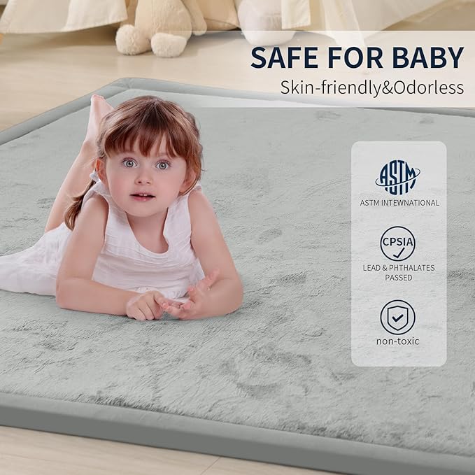 ACOMOPACK Baby Play Mat for Floor 1.3" Thick Memory Foam Play Mat 71"×79" Tummy Time Crawling with Non-Slip Bottom for Living Room,Nursery,Soft Velvet Playpen Mats for Kids,Infants（Light Grey）