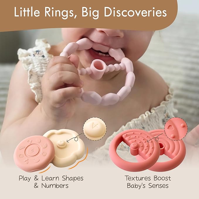 Moonkie Dinosaur Baby Stacking Toys | 7-Piece Silicone Rings for Teething Relief | Educational Toy for Infants & Toddlers 6 Months+ | Baby Shower or Birthday Gift for Boys
