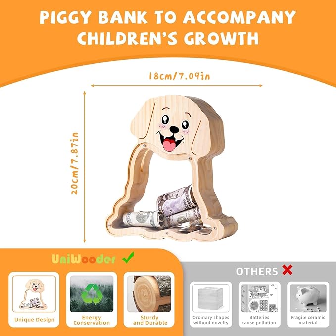 Wooden Dog Piggy Bank for Kids with Letter Sticker, Cute Labrador Wood Money Box, Unbreakable Coin Bank for Boys, Girls, Money Jar Personalizable Birthday Gift, Educational Toy for Kids