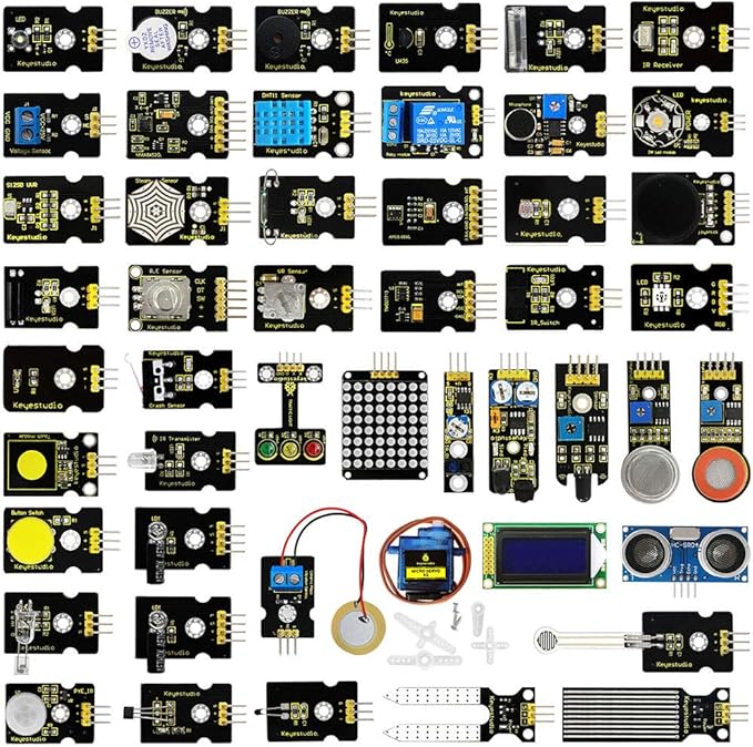 KEYESTUDIO 48 Sensors Modules Starter Kit for Arduino with LCD, 5v Relay, Sound, LED Modules, Servo Motor, Motion, Pressure Sensor, Gas Sensor, etc.Programming for Beginners Adults Learning