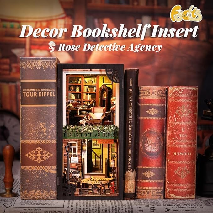Fsolis Book Nook Kit, DIY Miniature Room House Kit 3D Wooden Puzzle for Adult Decorative Bookend Bookshelf Bookcase Nook Decor Gifts for Women Teens and Book Lovers(Rose Detective Agency)