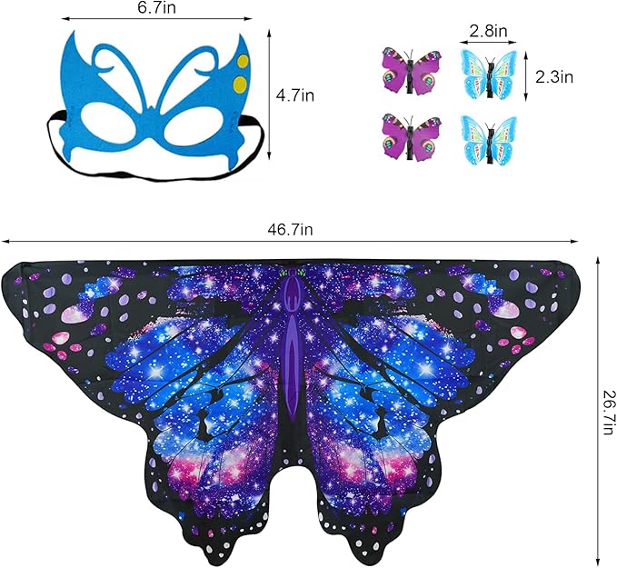 Butterfly Costume for Girls Fairy Wings Kids 4 Pcs(Cape,Skirts,Masks,Hair Clips) Butterfly Wings for Halloween Gifts