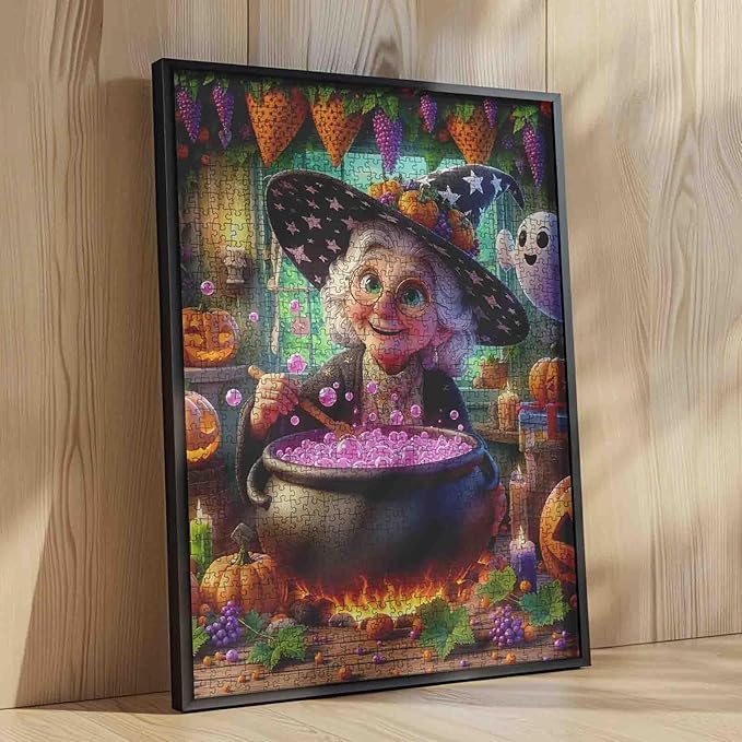 Grandma Witch Brewing Potion in Halloween Kitchen 1000 Piece Jigsaw Puzzle for Adults Students 20×27 Inches Magical Jigsaw with Pumpkins Bubbles Ghost Candles Autumn Puzzle Gift for Home Decor