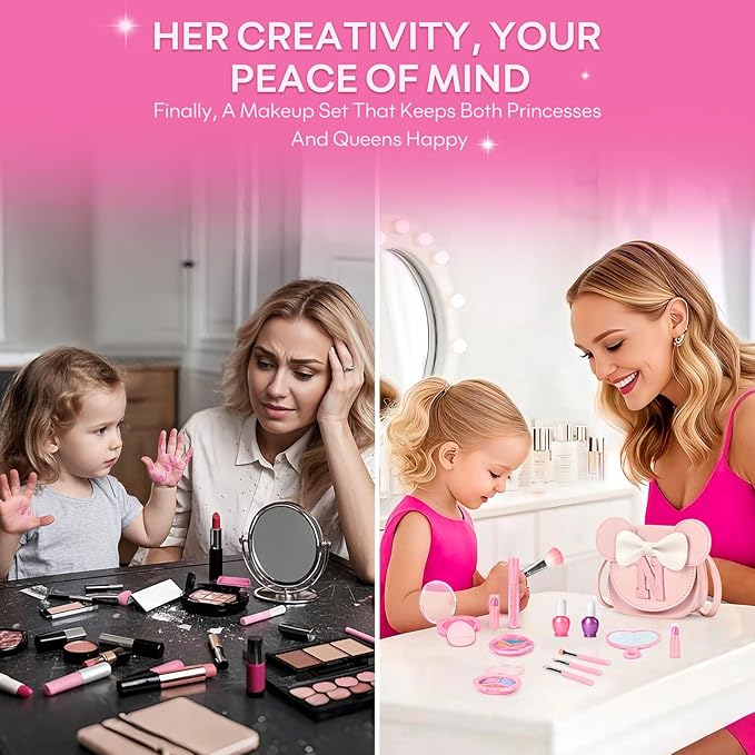 Kids Makeup Kit for Girls - 15 Pcs Real Washable Make Up Set - Non Toxic Toddlers Cosmetic with Letter Mouse Ear Purse - Dress up Birthday Gifts for 3 4 5 6 7 8 Years Old Girls - N