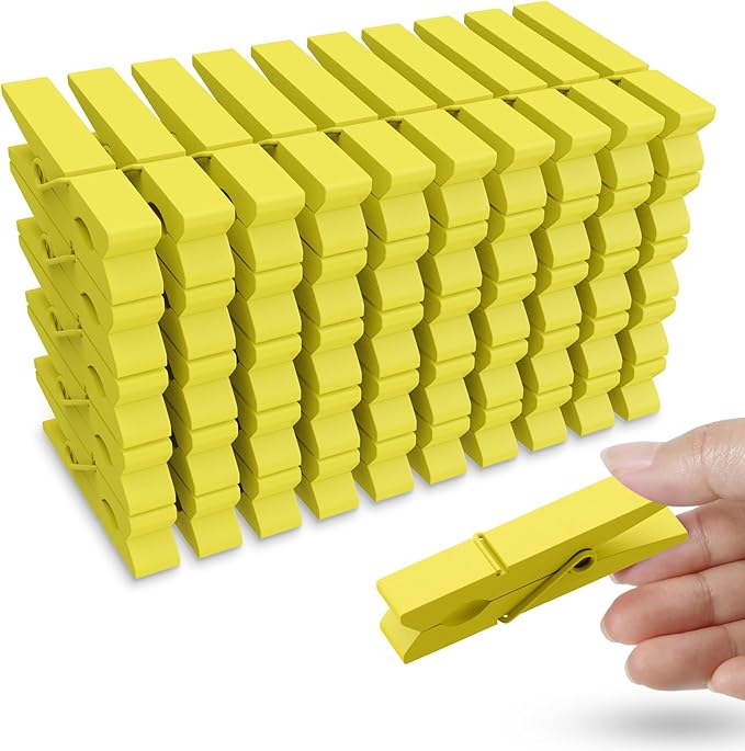 50PCS Colored Wooden Clothespins, 2.9inch Yellow Clothes Pins for Clip Pictures Photos Decorative, Small Colorful Wood Decoration Closepins Clips