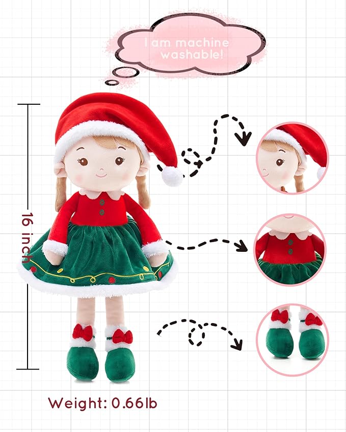 LeyaDoll Soft Baby Doll Toys for Girls (16''), My First Christmas Dolls, Baby Rag Doll Plush Toys for Toddler Kids Infants -Christmas Special - Natalie The Elf