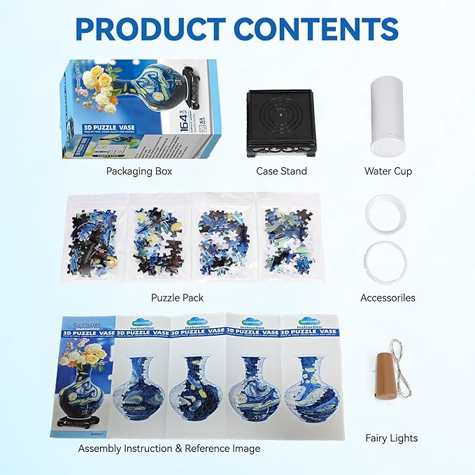 3D Puzzles Vase for Adults, Crafts for Adults, 164 Pieces Plastic DIY Unique Flower Vase with LED Light House Warming Gift Birthday Gifts for Flower Arrangements and Home Decor (Blue)