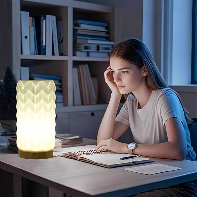 Novelty Small Table Lamp for Bedroom,3 Color Vintage Style Striped Small Night Light Lamp,Mini Minimalist Bedside Lamp with Textured Shade for Living Room Nightstand Small Space Momen Room Office Dorm
