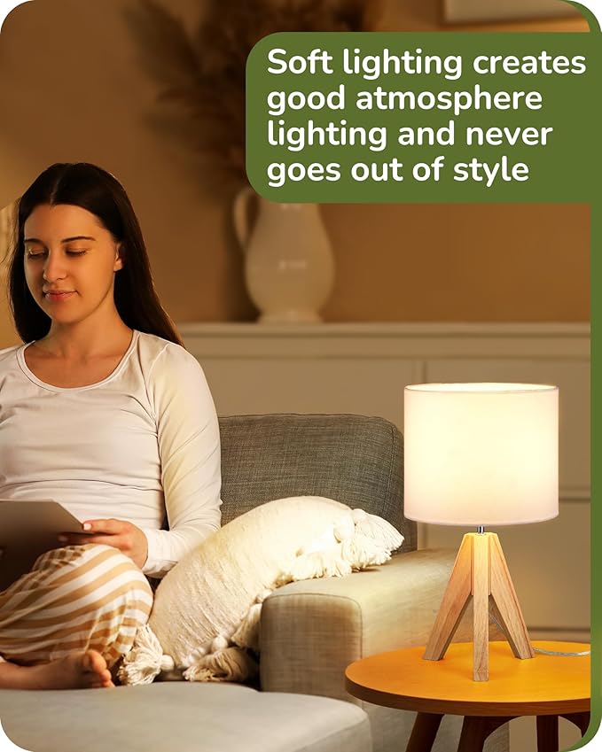 EDISHINE Small Cute Table Lamp, Wood Tripod Nightstand Lamp, Mid Century Bedside Lamp with Linen Fabric Shade for Nursery, Living Room, Bedroom, End Table, UL Listed, 14.2 Inch, ON/Off Switch