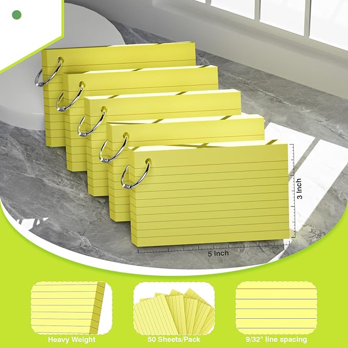 250 Count Yellow Index Cards with Ring 3 x 5 Inch Heavyweight Ruled Index Cards, Flash Cards for School & Office Supplies and Home Organization, Durable Study To Do List Note Cards with Ruled Lines