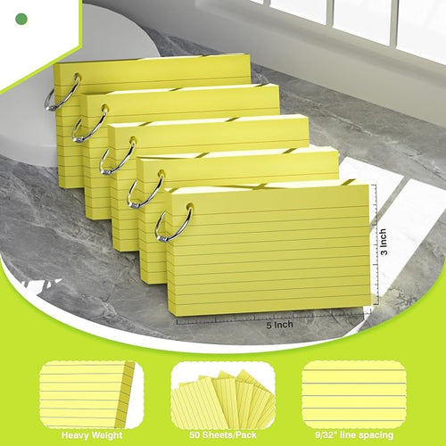 250 Count Yellow Index Cards with Ring 3 x 5 Inch Heavyweight Ruled Index Cards, Flash Cards for School & Office Supplies and Home Organization, Durable Study To Do List Note Cards with Ruled Lines