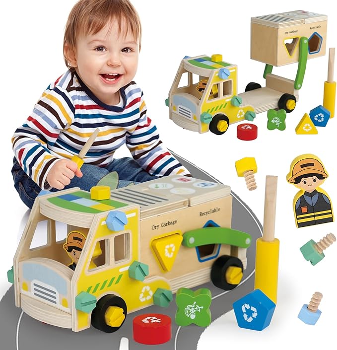Wooden Recycling Truck Toy Take-Apart Garbage Sorting Truck