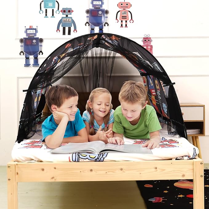 Kids Bed Tent Twin Beds -Cartoons Wonder Play Tents Boys Girls Ventilated Indoor Play Tent Children Promotes Independent Play, Stimulates Imagination Set-Up Playhouse (Robots)