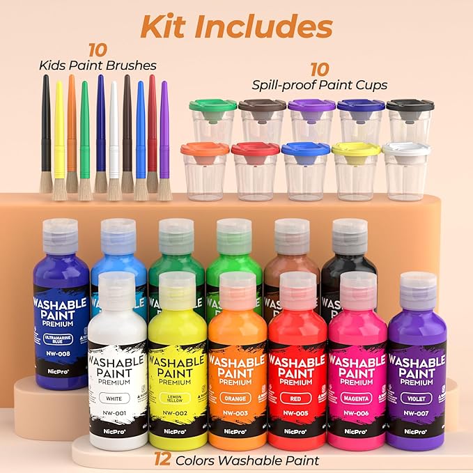 Nicpro 12Colors Washable Paint for Kids(2 oz), Finger Paint Set with Paint Cups and Toddler Paintbrushes, Non Toxic & Mess Free Kids Painting Set for Children Age 1-3 4 5 6+ Preschool Learning Gifts
