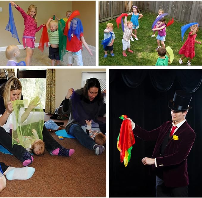 Dance Scarves for Kids 12 Pcs - Upgraded Play Scarves for Babies, Toddlers, Children - Movement Square Juggling Silk Music Dancing Scarf - Rhythm Band Pro (6 Colors, 24" x 24")