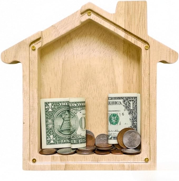 Wooden House Shaped Piggy Bank Transparent Acrylic Panel Coin Savings Box Personalized Money Bank for Kids Boys Girls Adults, Birthday Home Décor