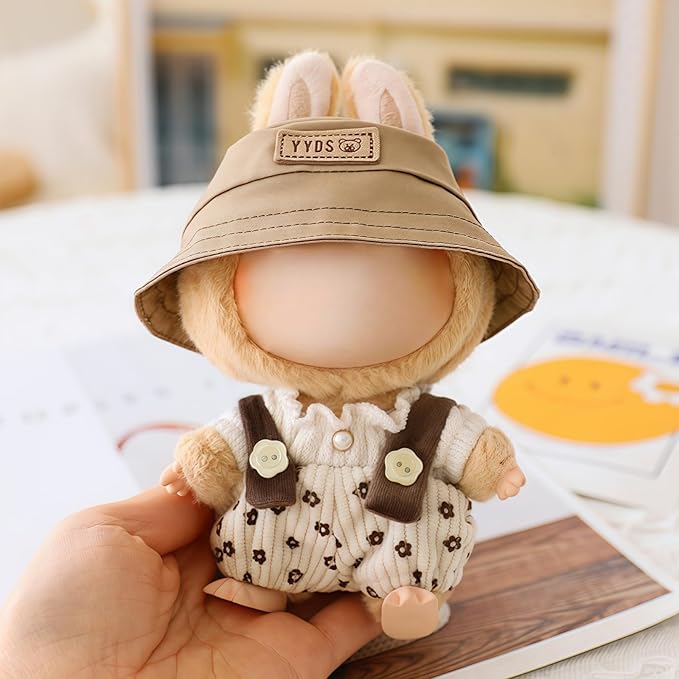 Clothes for Dolls Accessories (No Doll), Cute Outfit Set 3 Pieces Bib Pants Suitable for 15 & 17cm Doll Suit, Stylish Dress Up Overalls Doll Clothing Set Replacement with Hat Clothes Beige